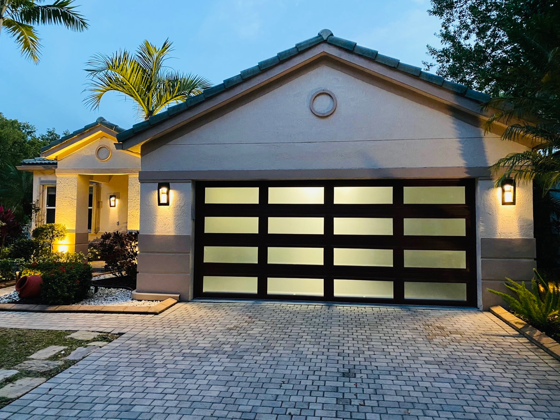 2-Car Full-Glass Garage Door in Walnut finish