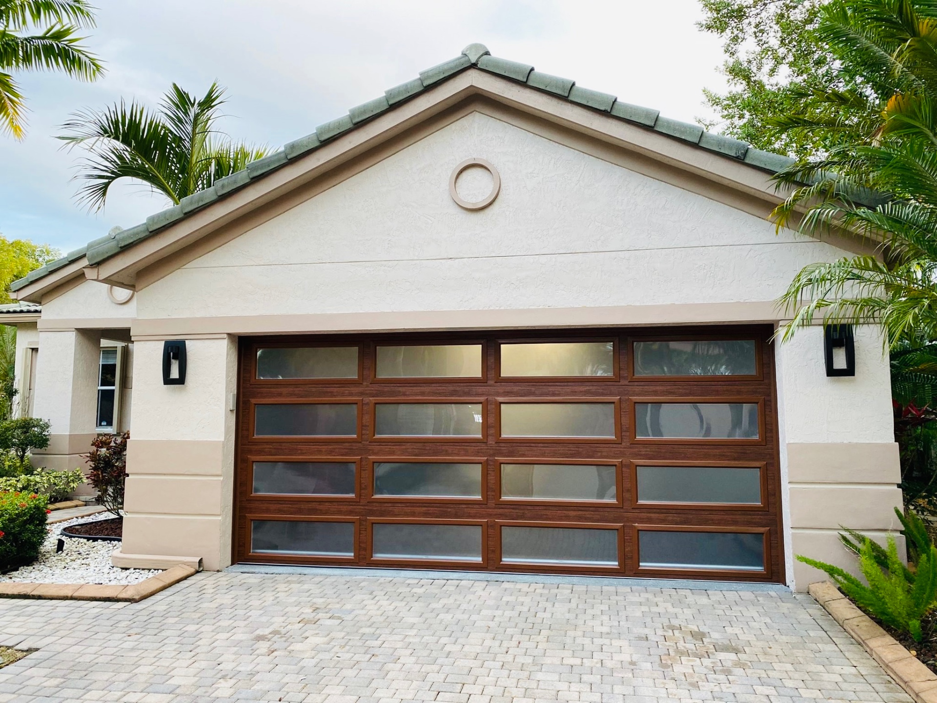 2-Car Full-Glass Garage Door in Walnut finish
