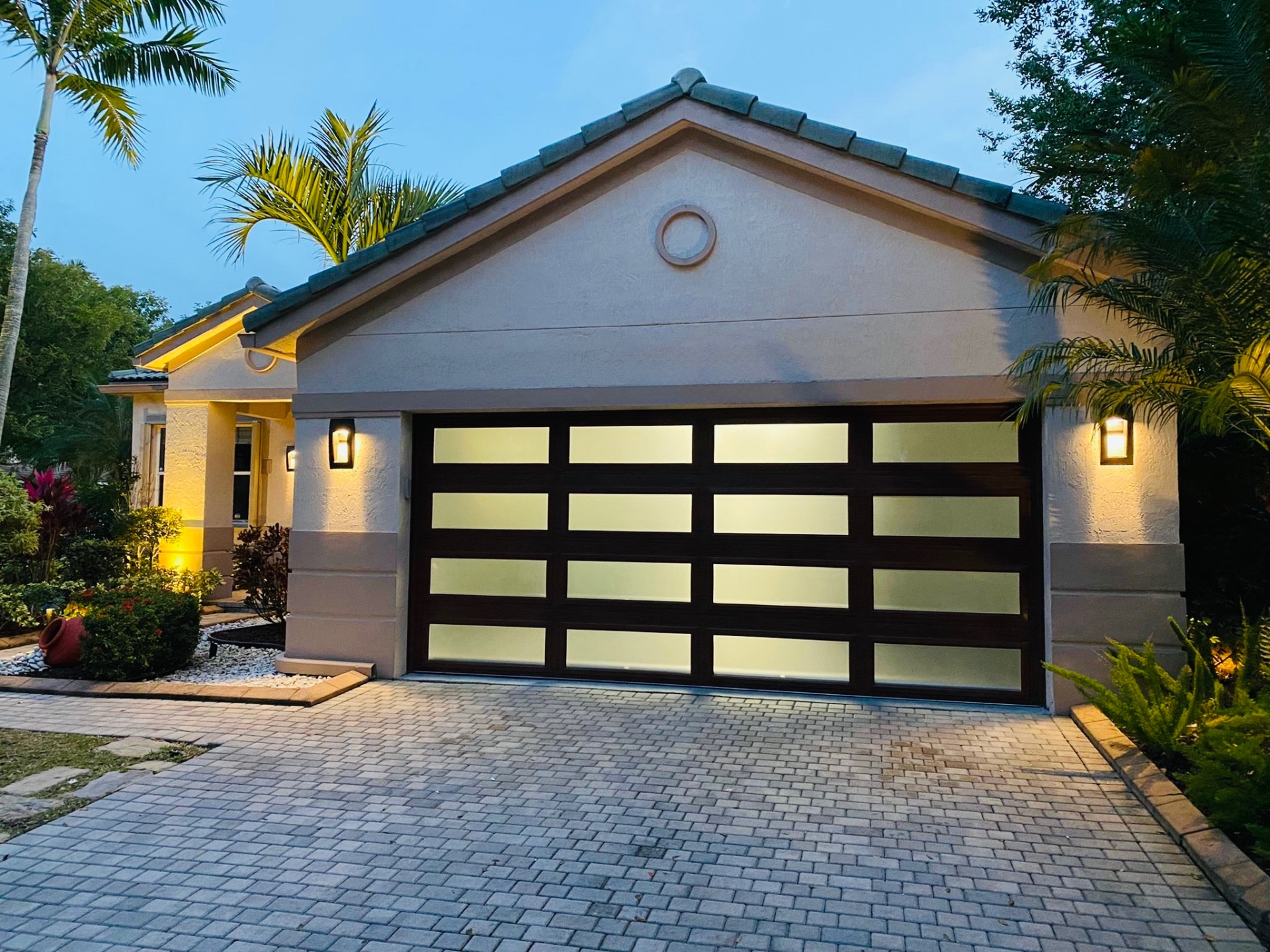 2-Car Full-Glass Garage Door in Walnut finish