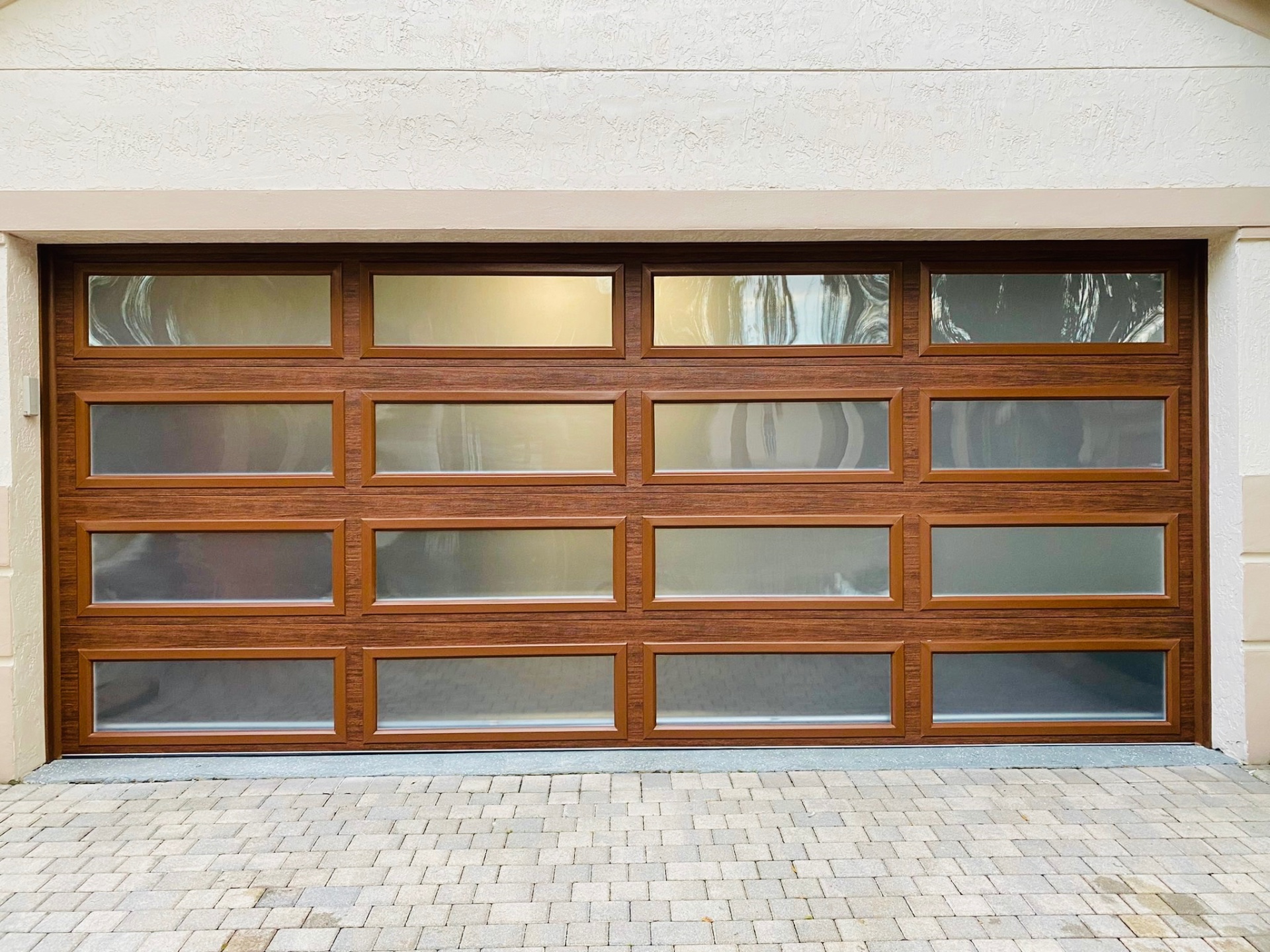2-Car Full-Glass Garage Door in Walnut finish