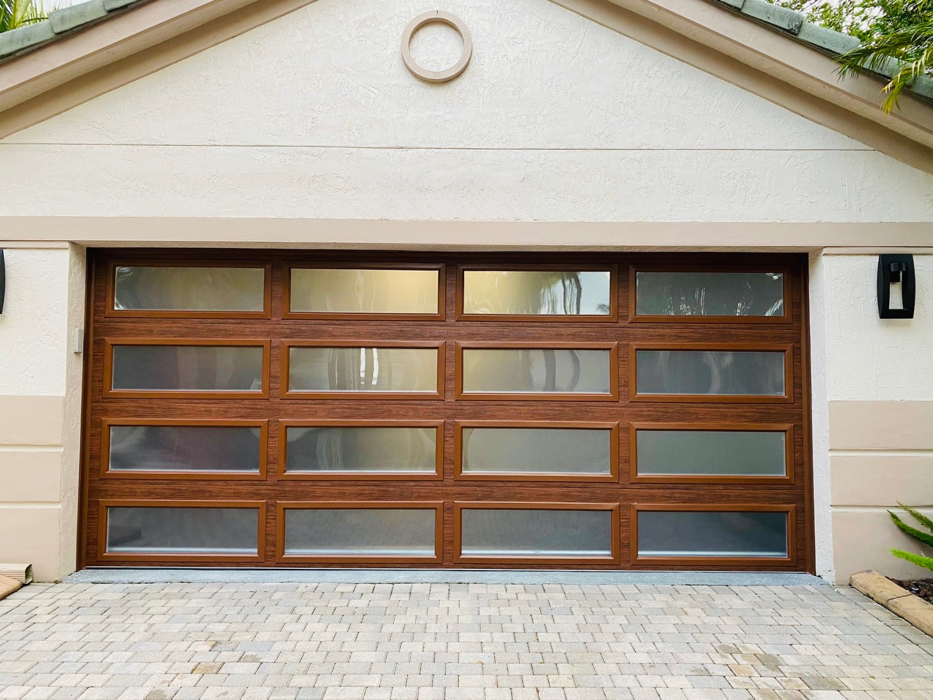 2-Car Full-Glass Garage Door in Walnut finish