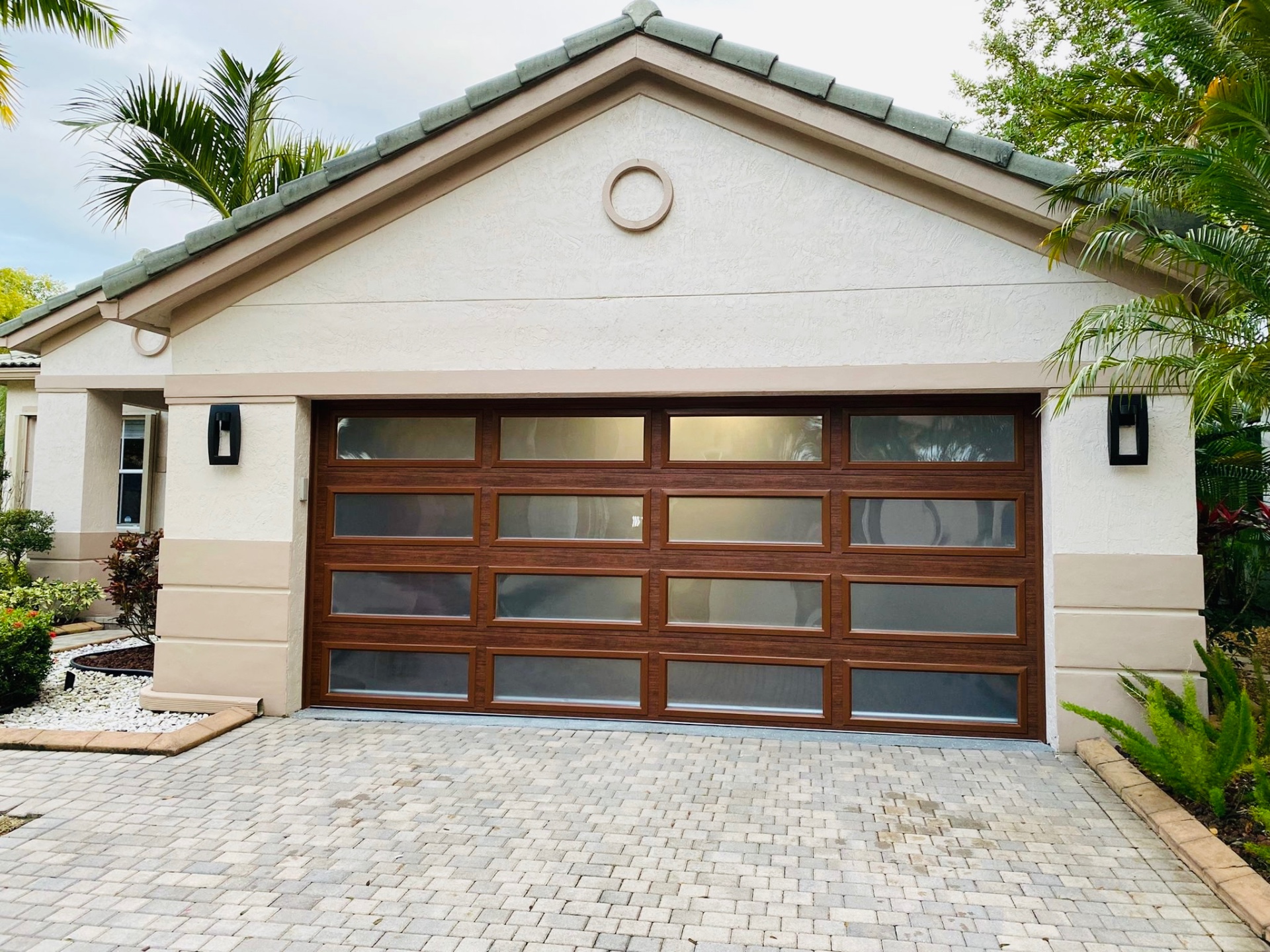 2-Car Full-Glass Garage Door in Walnut finish
